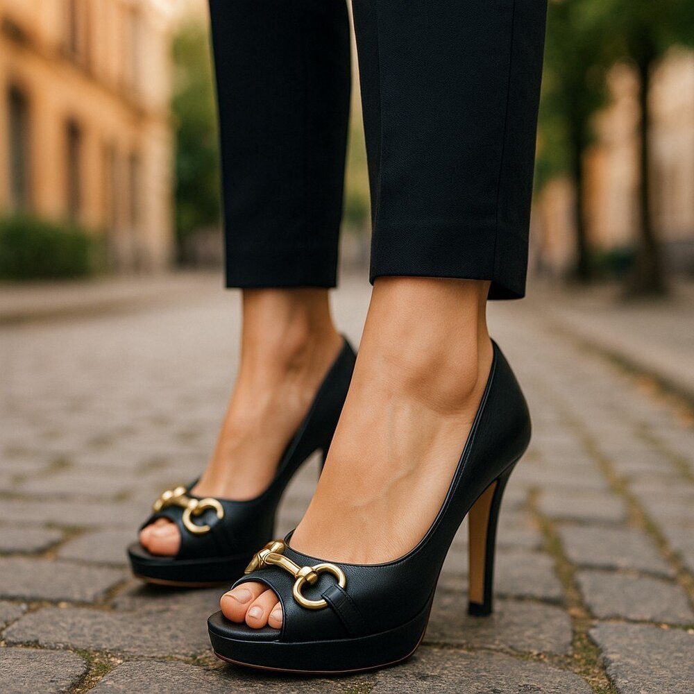 BOSTON PROPER Horsebit Platform Heels 8 Black Leather Stilettos Gold Buckles